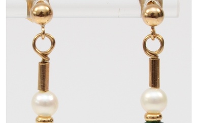 A pair of gold malachite and cultured pearl drop earrings, u...