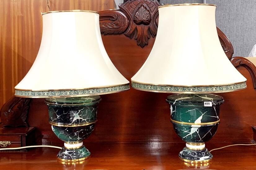 A pair of good quality ceramic table lamps and silt shades, H. 75cm.