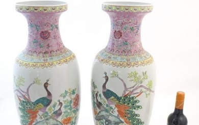 A pair of large Chinese vases decorated with peacock