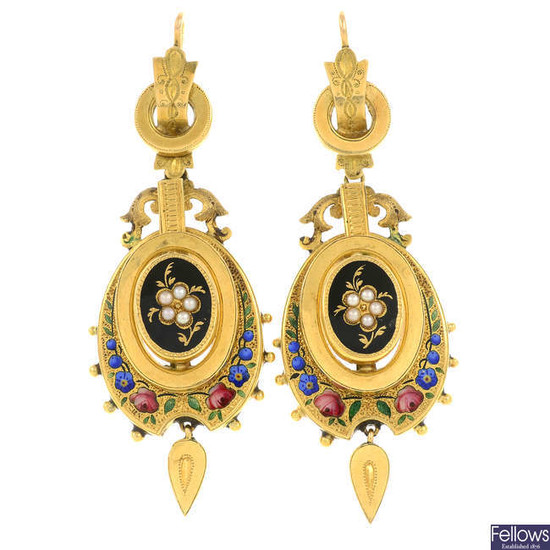 A pair of late 19th century 18ct gold floral split pearl and enamel earrings.