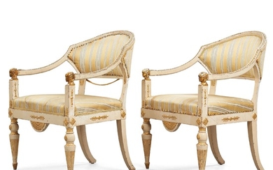 A pair of late Gustavian armchairs, in the manner of Carl Christoffer Gjörwells (1766-1837), early 19th century.