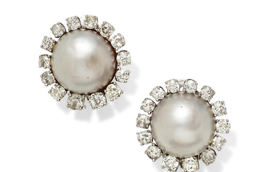 A pair of mabe pearl, diamond and 14k gold ear clips