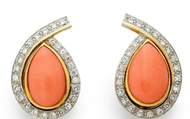 A pair of pink coral and diamond earclips