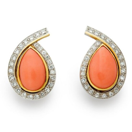 A pair of pink coral and diamond earclips