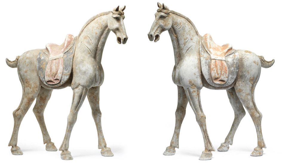 A pair of very large painted pottery horses