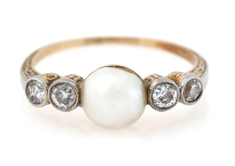 A pearl and diamond ring set with a pearl and three old-cut...