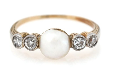 A pearl and diamond ring set with a pearl and three old-cut...