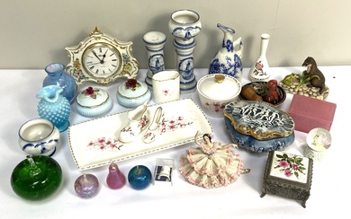 A selection of assorted novelty china and glass, including a green glass apple, various trinket