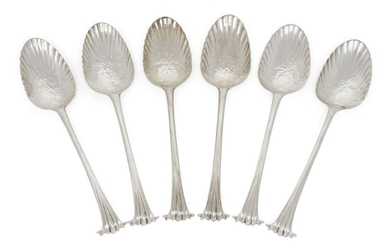 A set of six George III berry spoons, London, c.1780, Hester Bateman, the fluted bowls with scroll 'picture back' decoration to reverse, the stems designed with shaped scroll terminals, total weight approx. 11oz (6)