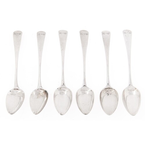 A set of six George III silver teaspoons, Old English patter...