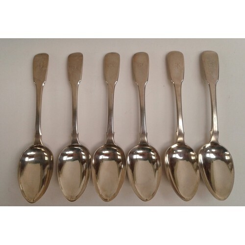 A set of six Georgian silver fiddle pattern dessert spoons, ...