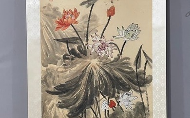 A vertical scroll of Chinese ink flower paintings by Zhang Daqian