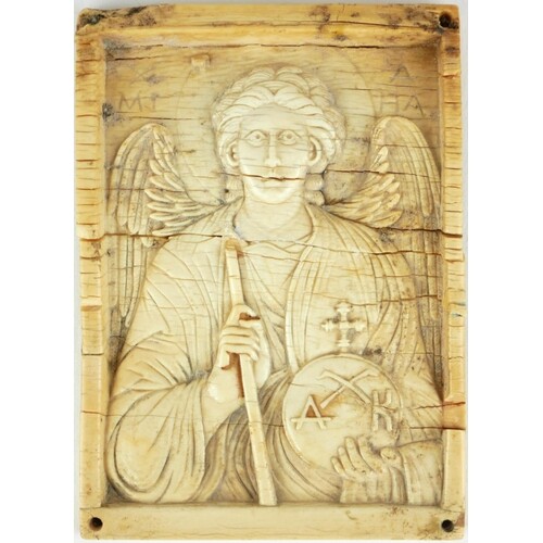 AN 18TH/19TH CENTURY CARVED BONE PLAQUE, ARCH ANGEL MICHEAL....