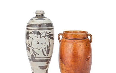 AN AMBER-GLAZED JAR AND A PAINTED CIZHOU 'FLORAL' VASE, MEIPING...