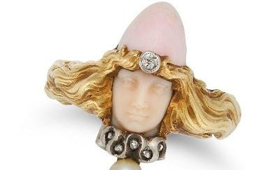 AN ANTIQUE ART NOUVEAU FRENCH CONCH SHELL, DIAMOND AND PEARL RING in 18ct yellow gold, designed a...