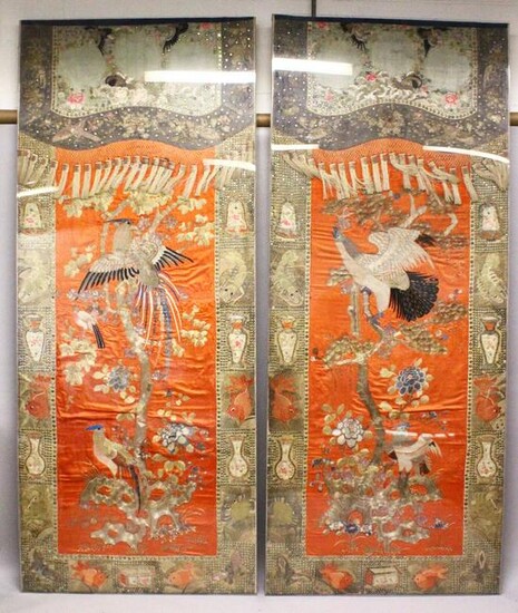AN IMPRESSIVE PAIR OF CHINESE EMBROIDERED SILK PANELS
