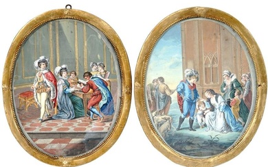ANTIQUE 18TH C ROCOCO WATERCOLOR PAINTINGS FRAMED