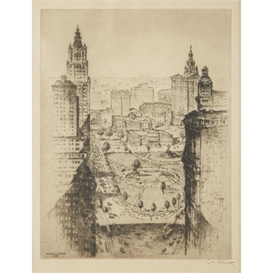 ANTON SCHUTZ (american/german, 1894–1977) "CITY HALL PARK" 1927, pencil...