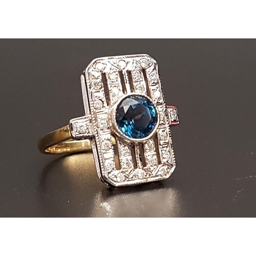 ART DECO STYLE BLUE TOPAZ AND DIAMOND RING the central round...