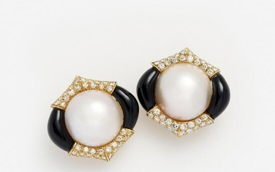 Albert Lipten Mabe' Pearl Diamond Onyx Earrings, 18k