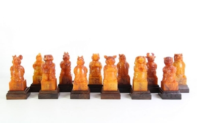 Amber Coloured Stone Set Of 12 Chinese Seals, Each depicting the Zodiac Animals (AF), Average Seal only H 12cm