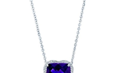 Amethyst And Diamond Scalloped Framed Necklace In 14k White Gold (17-inch Rolo Chain)