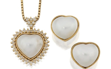 An 18ct gold, cultured mabe pearl and diamond pendant, and a pair of ear studs, the heart-shaped cultured pearl pendant with brilliant-cut diamond surround to a diamond pendant loop and 9ct gold box link neckchain, approx. length 36cm; the...