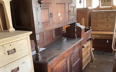 An 18th century and later oak court cupboard with iron...