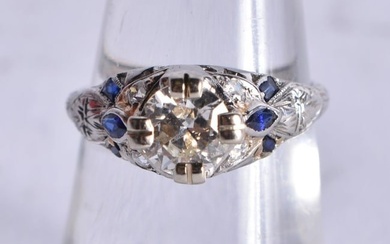 An Art Deco Diamond and Sapphire Ring. Diamond 3/4 Carat. Size L, weight 2.5g