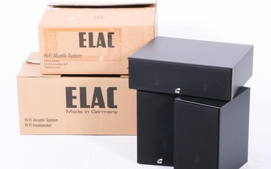 An Elac Hi-Fi Akustik System subwoofer and together with two Elac loudspeakers, Germany, 2nd half 20th century.