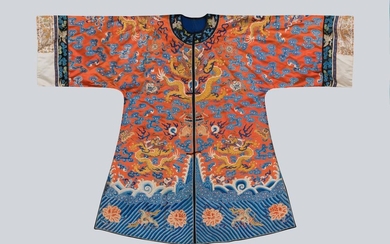An Embroidered Red Silk Dragons Dress, China, Qing Dynasty.