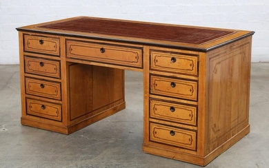 An English satinwood and marquetry pedestal desk