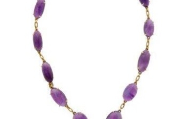 An amethyst necklace, designed as a series of oval amethyst cabochons to curb link connecting chains, supporting three graduated pear-shaped amethyst drops, length 40cm