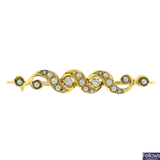 An early 20th century gold split pearl and old-cut diamond bar brooch.