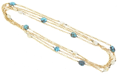 An early 20th century turquoise and pearl longuard chain