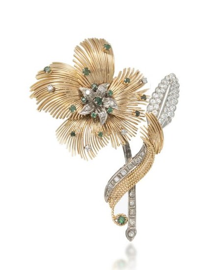 An emerald and diamond flower brooch