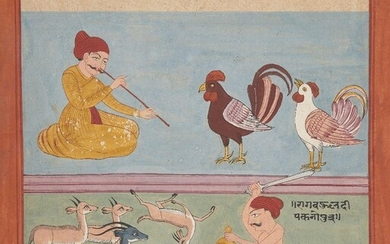 An illustration from an unusual Ragamala Series, India, Gujarat, circa 1800, opaque pigments on wasli paper, Raga Kali, son of Dipak, the upper half with a man in yellow playing a flute for two roosters against a blue background, separated by a...