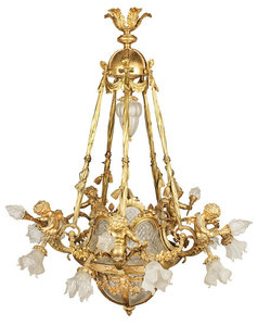 An impressive late 19th century/ 20th century French gilt bronze, opaque and frosted glass plafonnier chandelier