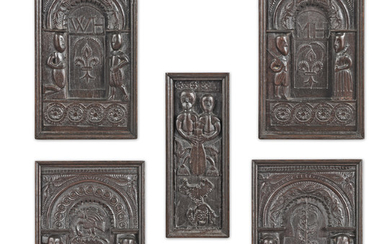 An interesting set of five 16th century carved oak panels, English