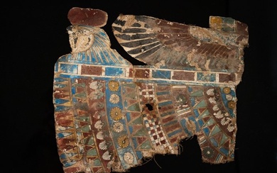 Ancient Egypt, Late Period - Egyptian mummy cartonnage, mummy bandage with Horus deity, sarcophagus falcon illustration - Burial objects