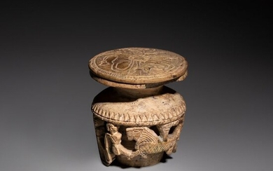 Ancient Egyptian Steatite Glazed Kohl pot with openwork decoration with lid. Cosmetic vessel for a princess.Unique piece.