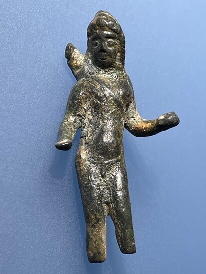 Ancient Roman Bronze Extremely Rare Figurine of Naked Apollo wearing a Phrygian Cap (Pileus) & Quiver, Holding a Patera. - (5 cm)