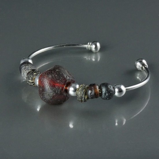 Ancient Roman Glass Bracelet with purple glass beads, rare large size bead