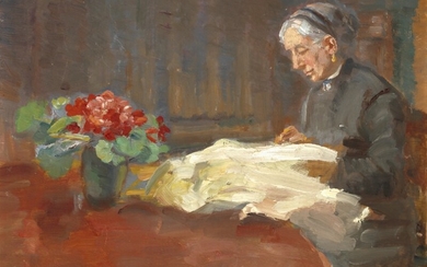 Anna Ancher: Anna Ancher's sister Marie Brøndum sitting with her needlework at the table. Signed A. Ancher. Oil on panel. 31×41 cm.
