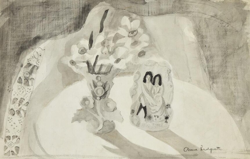 Anne Redpath RSA ARA ARWS, Scottish 1895-1965 - Still Life with Staffordshire Figure, 1955; ink wash on paper, signed lower right 'Anne Redpath', 35.3 x 55 cm (ARR) Provenance: with Mercury Gallery, London (according to the label attached to the...