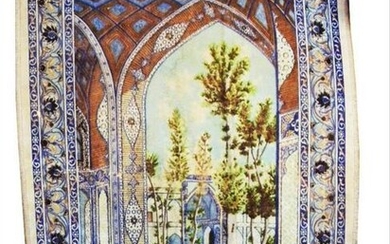 Antique Beautiful Fort & Trees Silk Carpet Wall Hanging