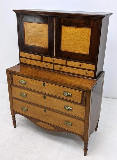 Antique Birds-eye Maple Secretary Desk. Brass hardware
