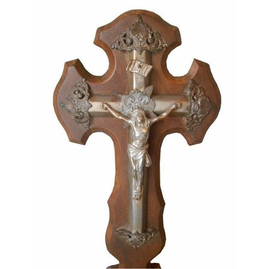Antique French Hand Carved Walnut Cross Panel & Christ