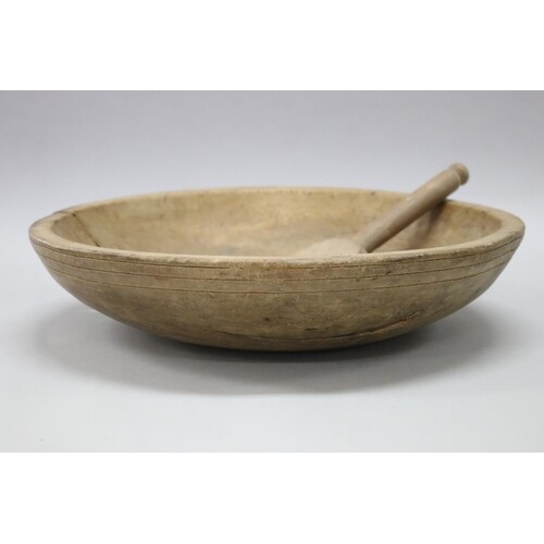 Antique French dairy wooden bowl with paddle, bowl approx 38...