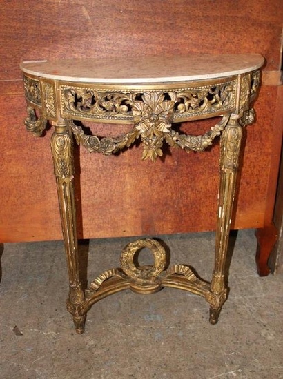 Antique French highly carved gold gilt marble top console, some finish loss